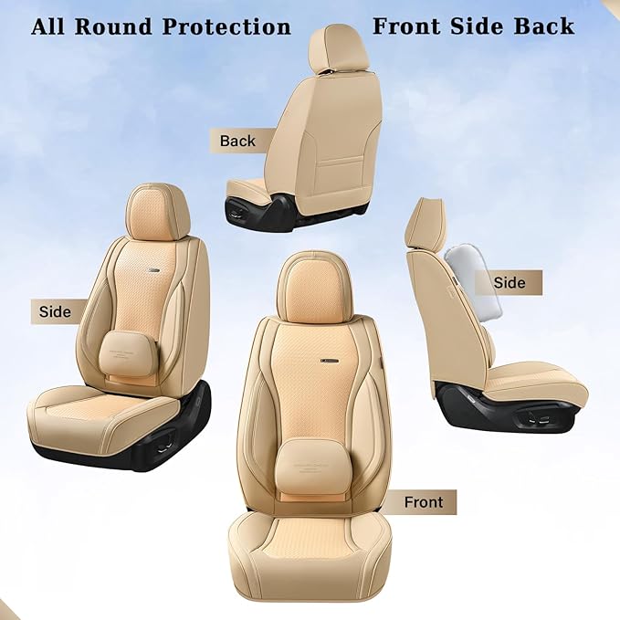 Coverado Seat Covers, Car Seat Covers Front Seats, Waterproof Nappa Leather Auto Seat Cover with Lumbar Head Pillow, Beige Seat Covers Carseat Cover Universal Fit for Most Cars