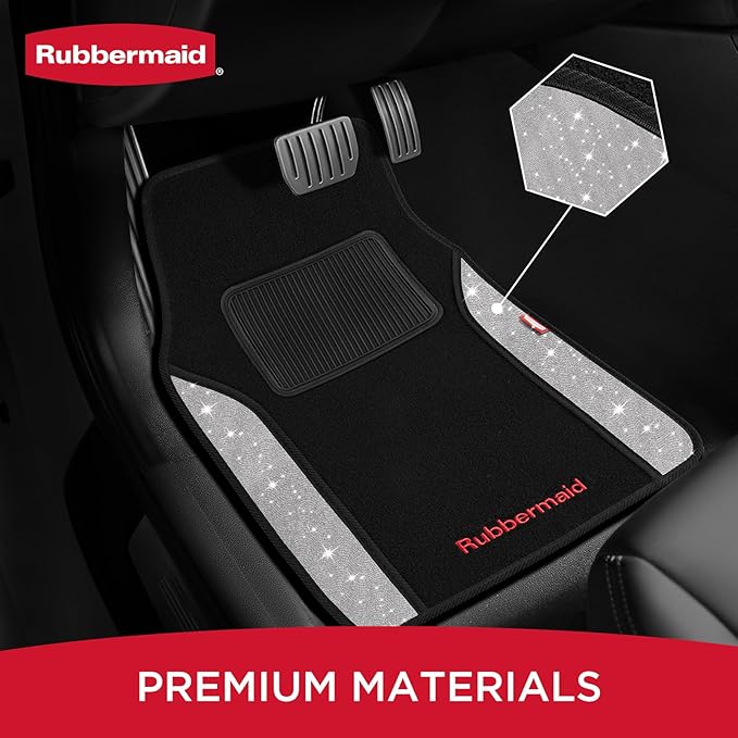 Rubbermaid Bling Car Mats, Carpeted Floor Car Mat with Faux Leather & Built-in Heel Pad, Two-Tone Car Rug Floor Mats, Stylish Carpeted Floor Mats for Cars, Trucks & SUVs Glitter Sliver Color