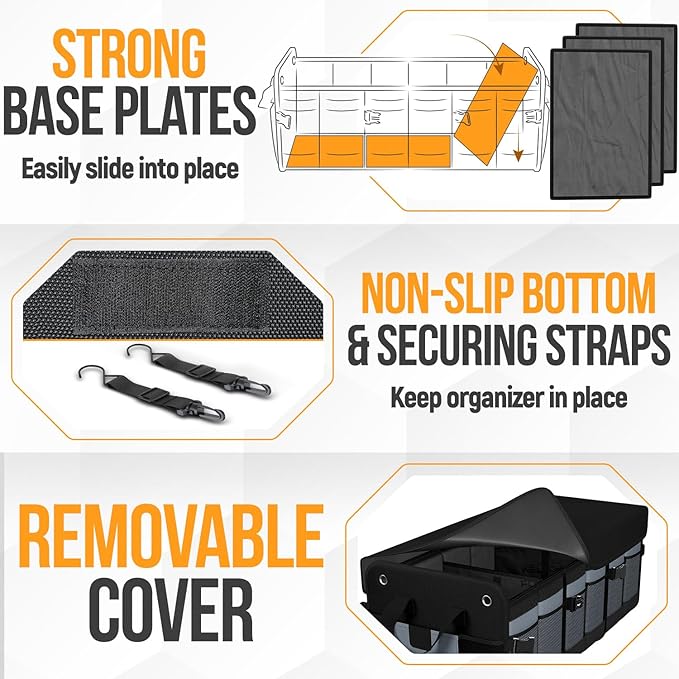 FORTEM Trunk Organizer For SUV Car Organizer and Storage, Multi-Compartment Storage Bag Car Accessories for Women Men, Perfect Christmas Gifts, 1680D Oxford, Non Slip Bottom, Straps, Soft Cover (90L)