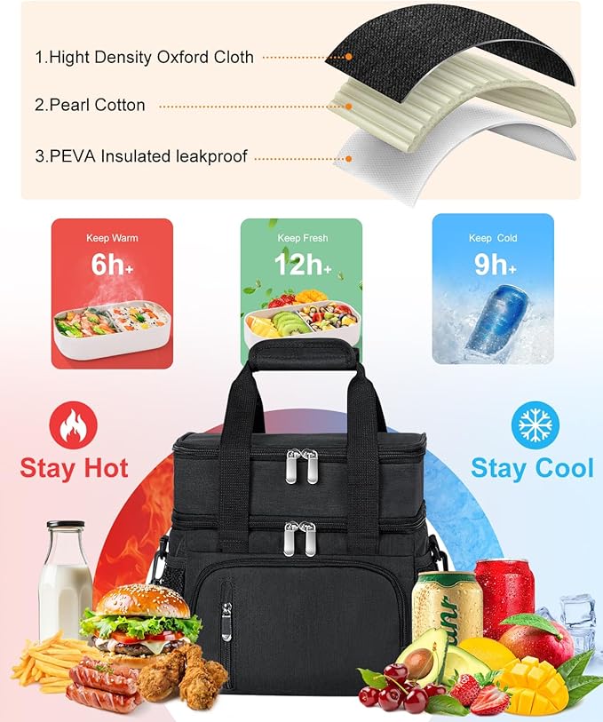 Insulated Lunch Bag for Men & Women, Double Leakproof Lunch Box Soft Cooler Tote with 5 Pockets, 600D Oxford, EVA Lining, Adjustable Strap for Work, Picnic, Beach&Travel-Black