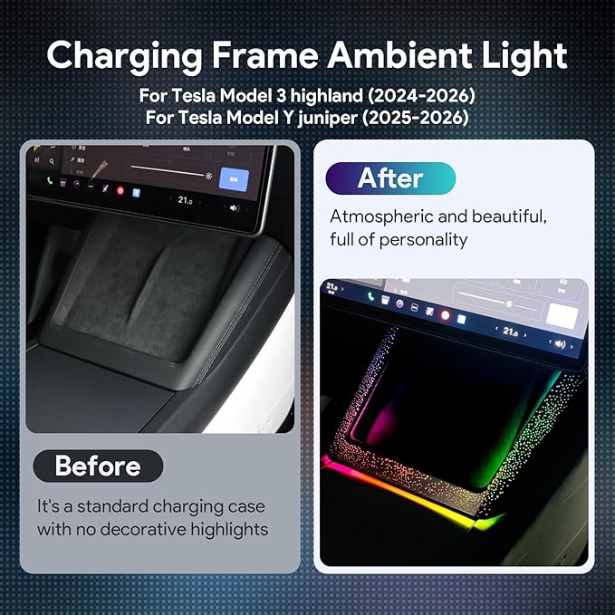 Ambient Lighting Wireless Charging Frame for 2025-2026 Tesla Model Y (Includes Juniper) 2024-2026 Tesla Model 3 PC Stylish Decorative Accessories (Little Starry Sky, Purple)