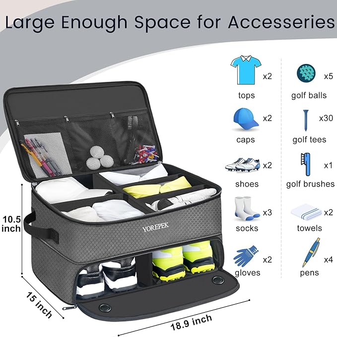 YOREPEK 2 Layer Golf Trunk Organizer, Golf Gifts for Men with Separate Ventilated Compartment for 2 Pair Shoes, Waterproof Car Trunk Locker for Balls, Tees, Clothes, Gloves, Gifts for Golfers
