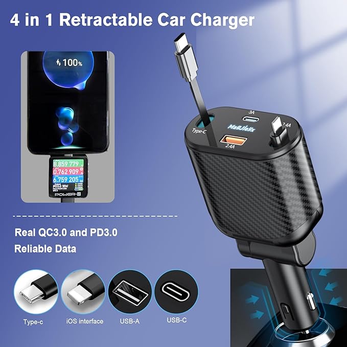 Retractable Car Charger 4 in 1 Fast Charging Adapter Magjieyx 62W Retractable Type-C/USB-i Cables and USB C/USB A QC & PD Devices for iPhone 16/15/14/13/12Pro Max Plus,iPad,AirPods, Galaxy