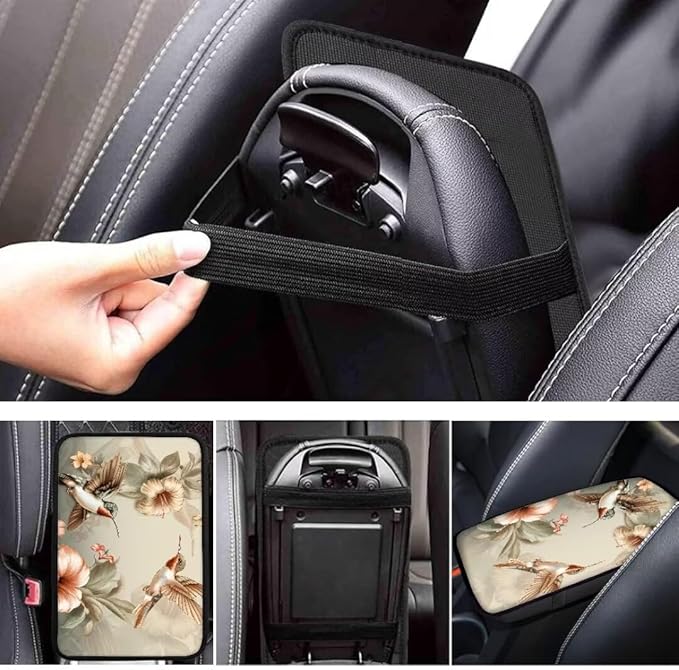 Coldinair Vintage Hummingbird Floral Car Armrest Cover,Auto Center Console Pad,Soft Seat Box Cover Protector Cushion,Car Accessories Decor for Most Cars,Sedan,Truck,SUV