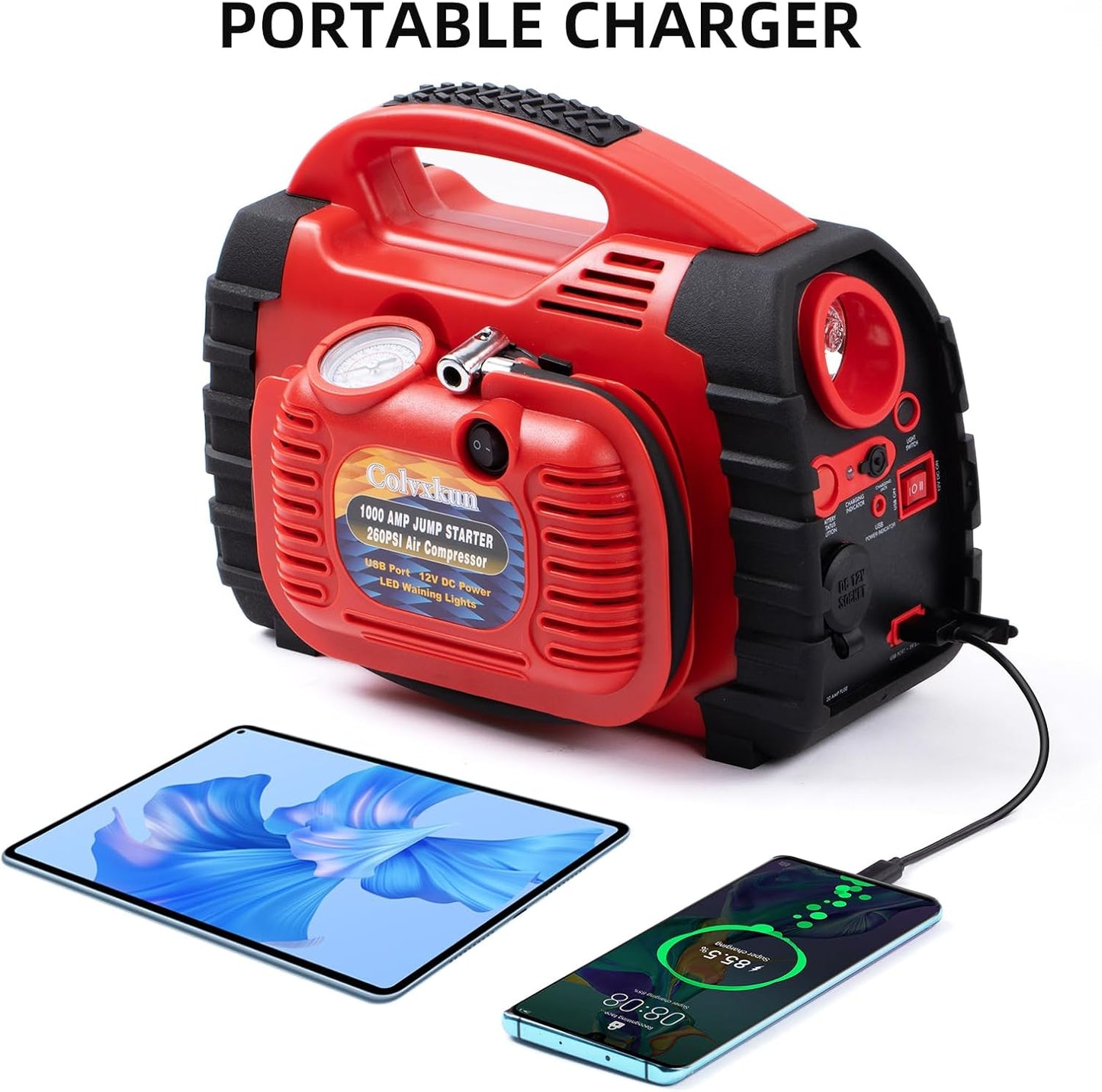 Jump Starter with Air Compressor, 260PSI 1000A Car Battery Jump Starter Battery Pack (6.0 Gas/6.0L Diesel),12V Car Jumper Starter Portable Jump Box with Tire Inflator