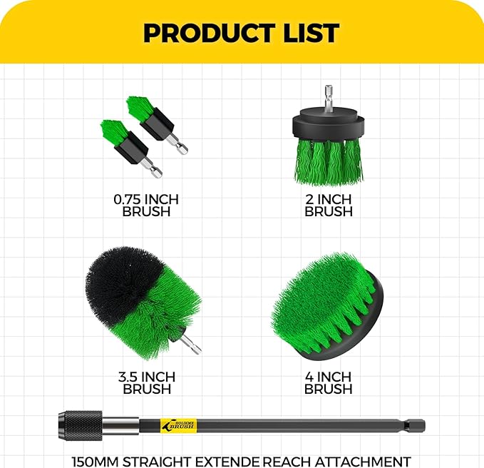 Holikme 6Pack Drill Brush Power Scrubber Cleaning Brush Extended Long Attachment Set All Purpose Drill Scrub Brushes Kit for Grout, Floor, Tub, Shower, Tile, Bathroom，Scrub Brush Green