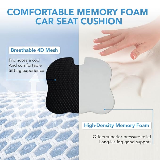 Car Seat Cushion, Comfort Memory Foam Car Cushions for Driving (Black)