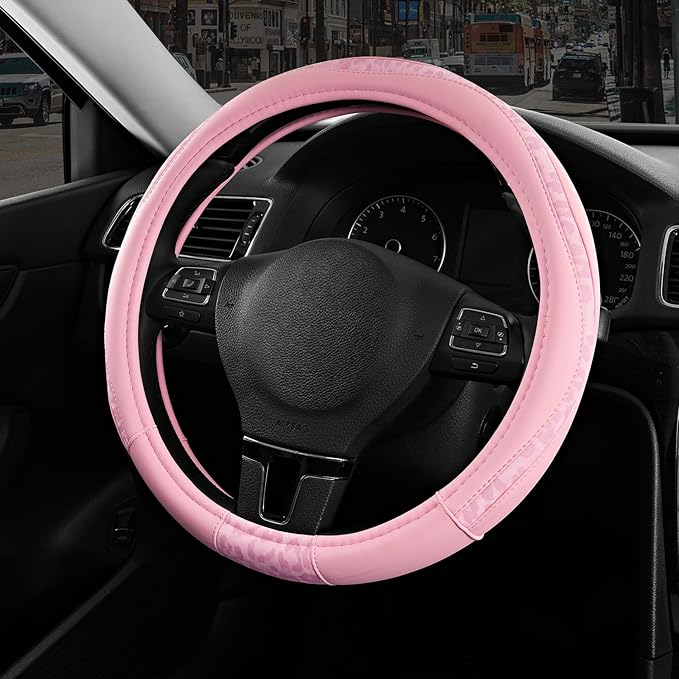 Road Comforts Steering Wheel Cover - Made with PVC Leather and Leopard Fabric - Universal 14 1/2 inches to 15 inches for Most Automotive Steering Wheel - Cheetah Print - All Pink