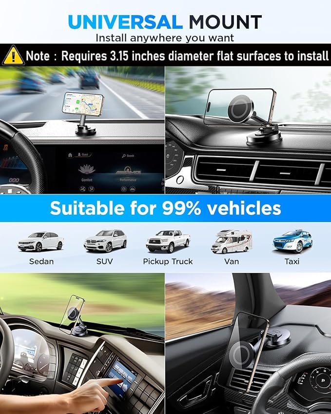 Tophot for MagSafe Car Mount, Car Phone Holder for Dashboard, 360° Rotatable Magnetic Phone Holder for Cars, Strong Adhesive, Sturdy Metal Mount, Compatible with iPhone Samsung