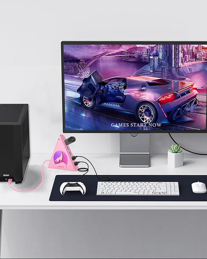 7 USB 3.0 Ports, Howling Wolf Pink USB Hub - 2FT Long Cable, Vertical USB Hub Expander Compatible with PC, Laptop, Flash Drive, HDD, Console, Printer, Keyborad, Mouse
