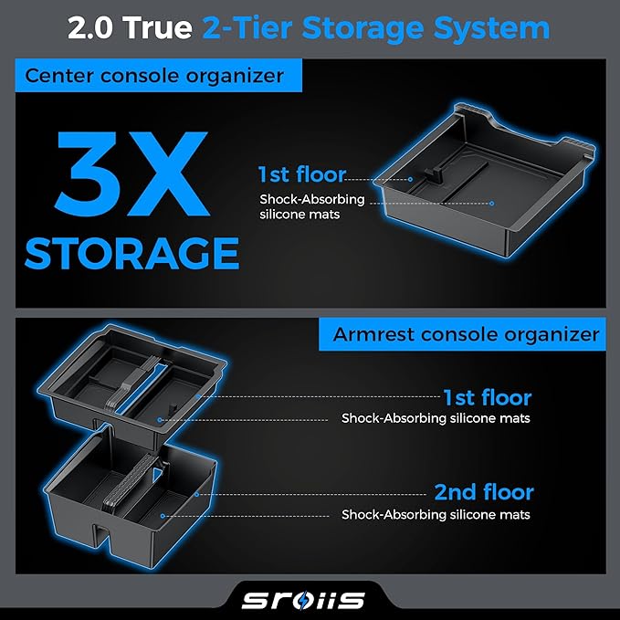 Sroiis® Gen 2 Double-Layer Center Console Organizer Set for Tesla Model 3 Highland Accessories (2024 2025 2026) True 2-Tier Storage System [ Upper Tray + Hidden Lower Compartment ] - 3PCS Jet Black
