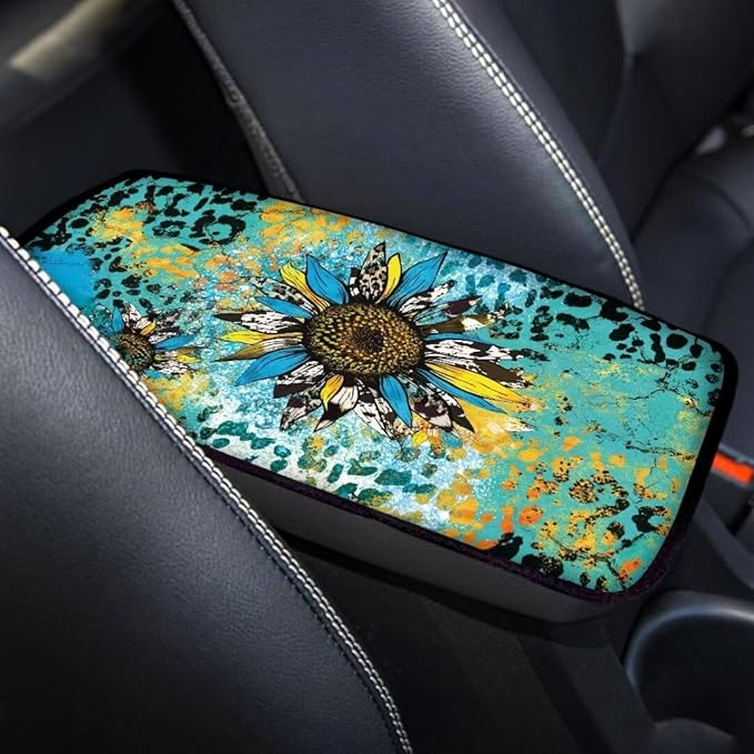 Coldinair Sunflower Auto Car Armrest Cover,Leopard Print Car Center Console Pad,Soft Seat Box Cover Protector Cushion,Car Accessories Decor for Most Cars,Sedan,Truck,SUV