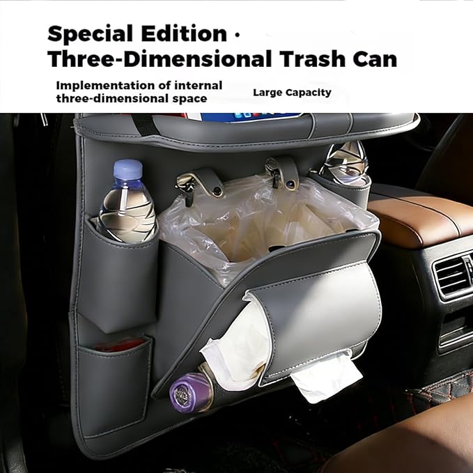 Car Seat Organizer, Multifunctional Backseat Protector Mat, Storage Bag and Tray Rack, Trash Storage (Suitable for Cars, Children, Back of Seats, and Rear Seats) (Gray, Leather 1-Piece Set)