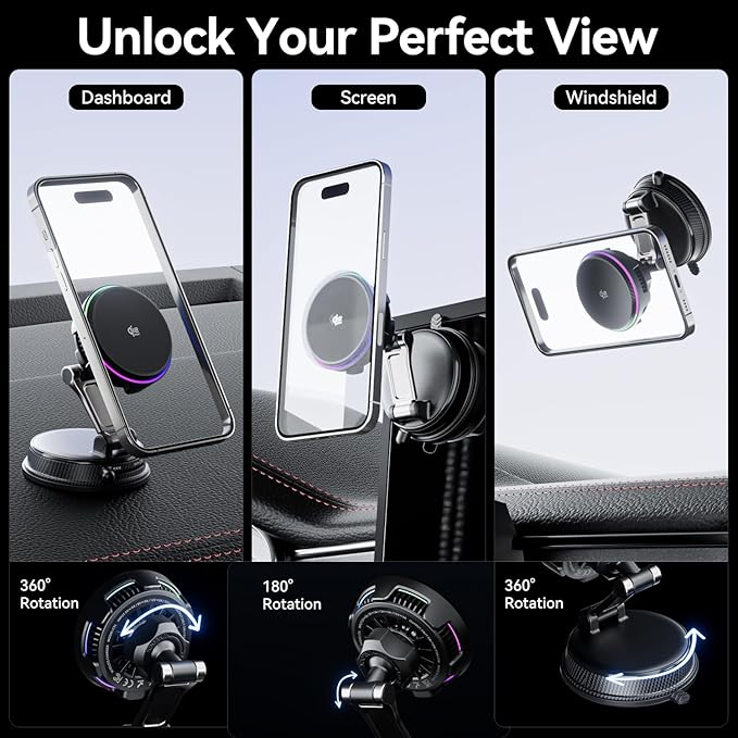 25W Certified for MagSafe Car Mount Charger with LED Light, Wireless Car Charger with TEC & Cooling Fan, 360°Rotation Strong Magnetic Phone Holder for Car with 45W Adapter for iPhone 17 Promax