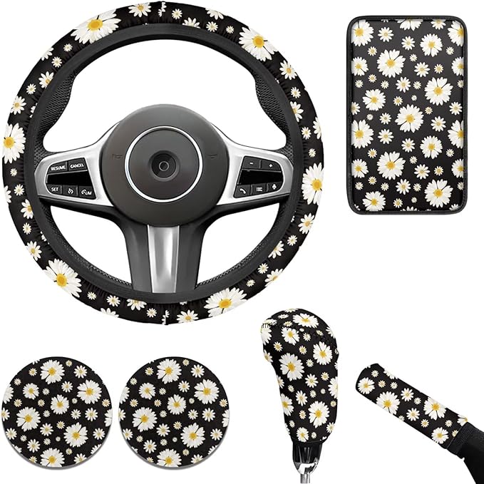 Daisy Flower Car Steering Wheel Cover Set for Women Girl White Flower Handbrake Cover Cup Coaster Armrest Cover Fits Most Cars Trucks Vans and SUV
