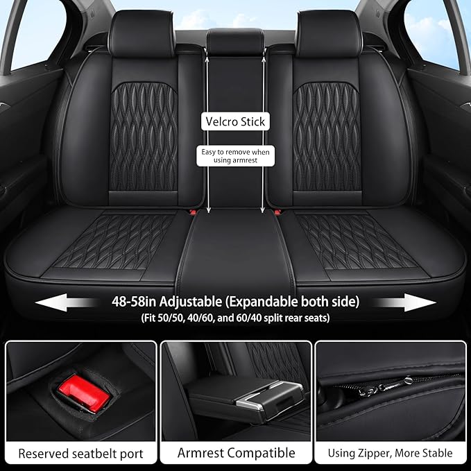 WELLDO Car Seat Covers Full Set, Leather Seat Covers for Car, Waterproof Car Seat Protector with Lumbar Support, Automotive Seat Covers Universal Fit for Most Cars SUV Truck(Black-w02)