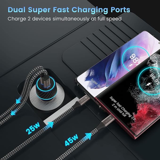S24 S25 Ultra Charger Type C, SCRUAK 45W PPS Super Fast USB-C Wall/Car Charger for Samsung Galaxy S25 Ultra/S25+/S25/S24 Ultra/S24+/S23/S22/S20/Note 20/Note 10+(with 2X 6.6FT 5A Type C Cable)