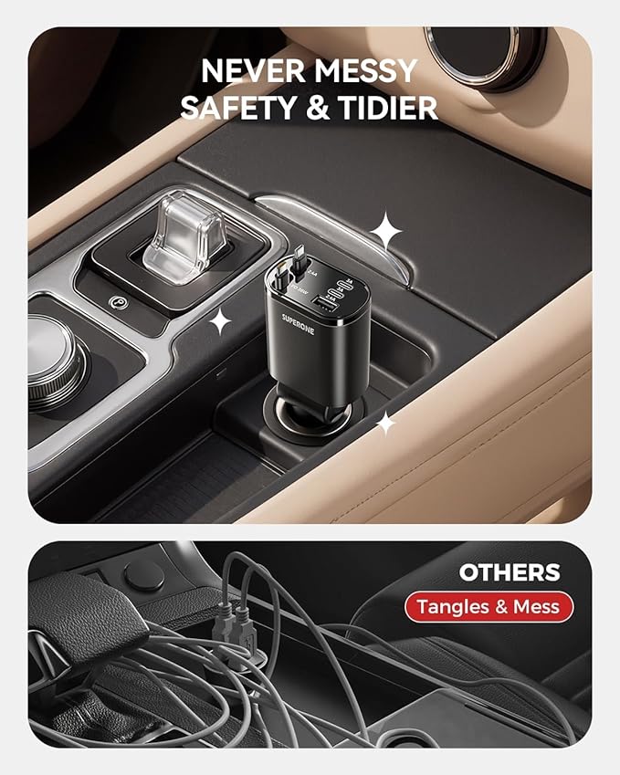 SUPERONE 5-in-1 Retractable Car Charger with Dual Type C Cables, 90W Car Adapter USB C Fast Charger, Multi Port Fast Charging Compatible with iPhone 17 16 15 14 13 12, Galaxy, Pixel, iPad - Black