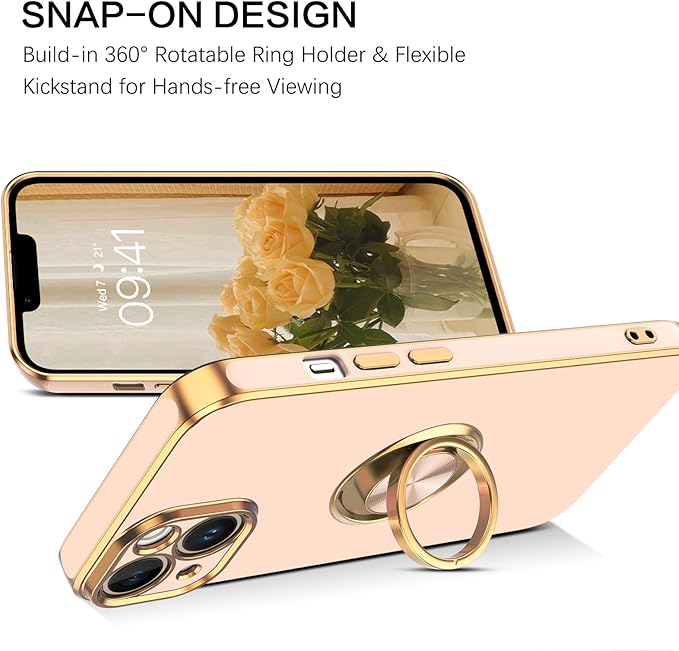 VENINGO Compatible with iPhone 14 Case, Slim Fit Soft 360° Ring Holder Kickstand Magnetic Car Mount Supported Easy Clean Shockproof Protective Phone Cover for iPhone 14 6.1" 2022, Pink/Golden