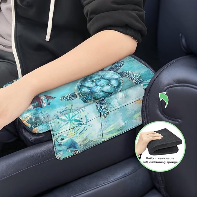 Dreaweet Vintage Sea Turtle Arm Rest Cover for Car Thick Center Console Cover Pad with Pockets Anti-Scratch Car Armrest Cover Cushion Center Console Armrest Replacement