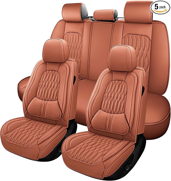 WELLDO Car Seat Covers Full Set, Leather Seat Covers for Car, Waterproof Car Seat Protector with Lumbar Support, Automotive Seat Covers Universal Fit for Most Cars SUV Truck, Brown