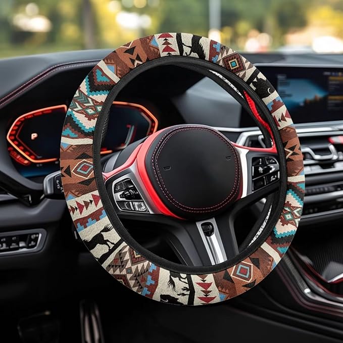 SEANATIVE Aztec Horse Yak Vehicle Steering Wheel Cover Universe Space Universal Stretch Wrap Covers Auto Accessiores 15 inch fit Most Car Van Truck Sedan