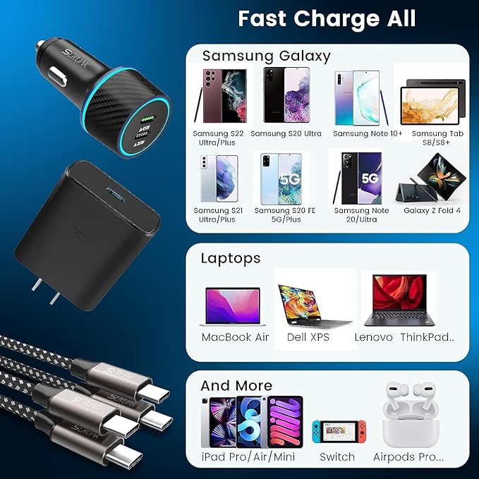 S24 S25 Ultra Charger Type C, SCRUAK 45W PPS Super Fast USB-C Wall/Car Charger for Samsung Galaxy S26 Ultra/S26+/S25/S24 Ultra/S24+/S23/S22/S20/Note 20/Note 10+(10FT+3.3FT 5A Type C Cable)
