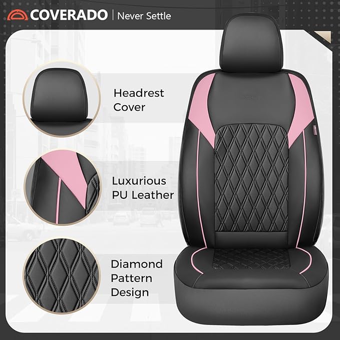 Coverado Leather Seat Covers, Waterproof Car Seat Covers Front Seats, Luxury Front Car Seat Covers Faux Leather Car Seat Protector, Automotive Car Seat Covers Universal Fit Most Cars Truck, Black&Pink