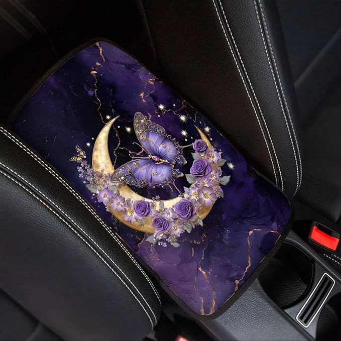 Suobstales Butterfly Moon Rose Marble Print Car Armrest Pad Soft Center Console Arm Rest Protector Cover Universal Car Interior Accessories Decoration