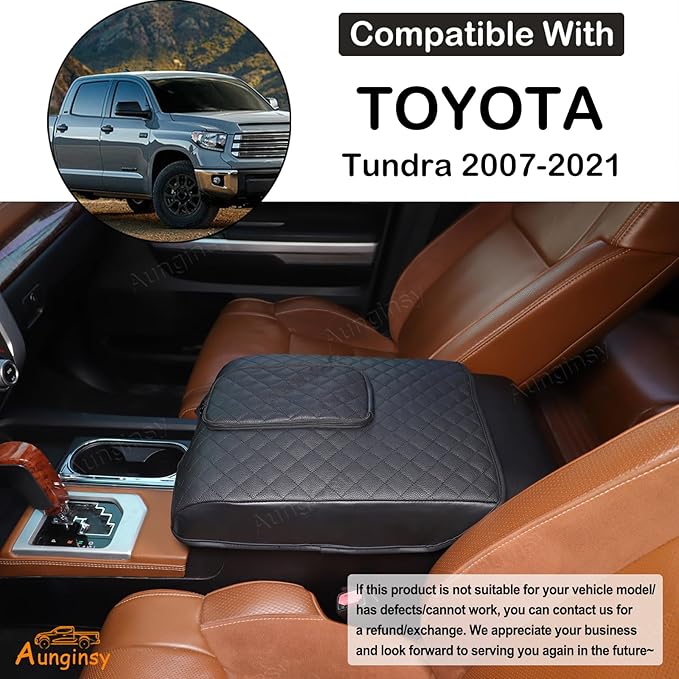 Aunginsy Leather Center Console Armrest Cover Compatible with Toyota Tundra 2014-2021, Car Middle Console Cushion Lid Pad Scratch Protector, Armrest Seat Box Cover with Pocket Storage Bag Accessories
