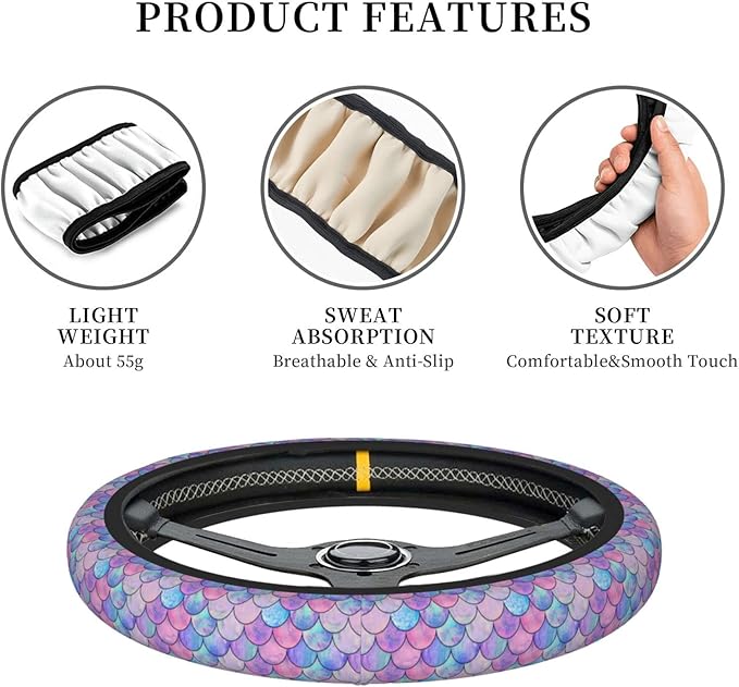 Mermaid Rainbow Steering Wheel Cover Women Men Elastic Stretch Soft Car Wheel Protector Universal Breathable No-Slip Car Accessories for Truck Van SUV Auto Fit 14-15 Inches