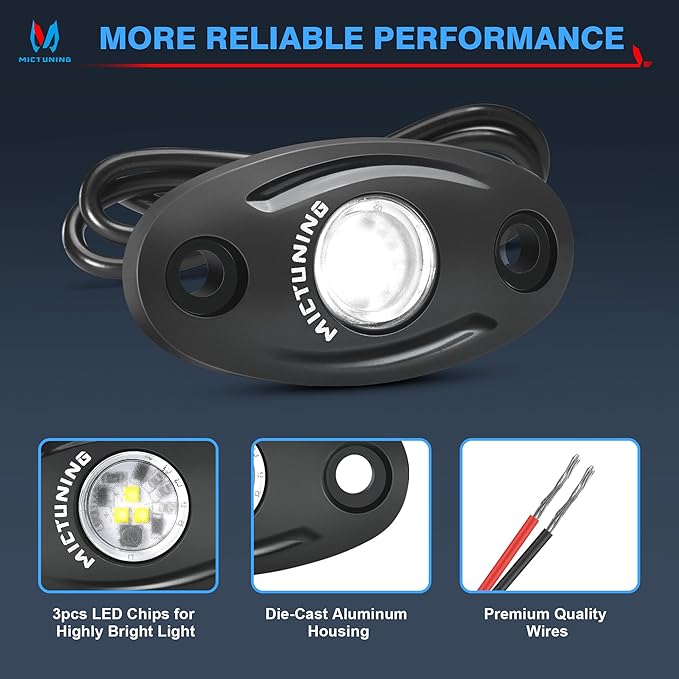 MICTUNING 4 Pods Pure White Rock Lights Kit - IP68 Waterproof, with Wiring Harness - Ultimate Underglow for Car, Truck, ATV, UTV, SUV, Off-Road, Golf Cart & Boat