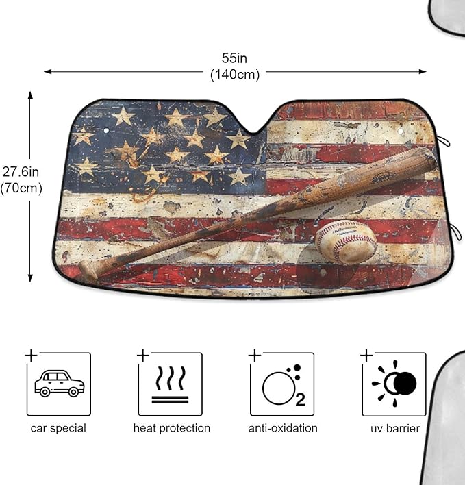 xigua Vintage Baseball Car Windshield Sunshade Foldable Front Window Sun Visor Protector for Car,SUV,Truck - Keep Vehicle Cool,55 x 27.6 Inch