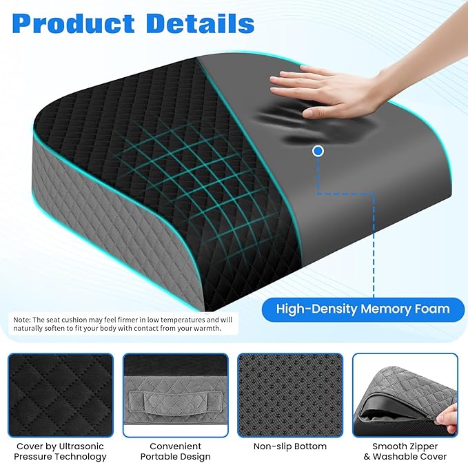 Seat Cushion for Office Chair, Memory Foam Chair Cushions, Car Seat Cushion for Long Sitting, Desk Chair Cushion for Pressure Relief, Non-Slip Bottom, Washable Cover, X-Large, Black