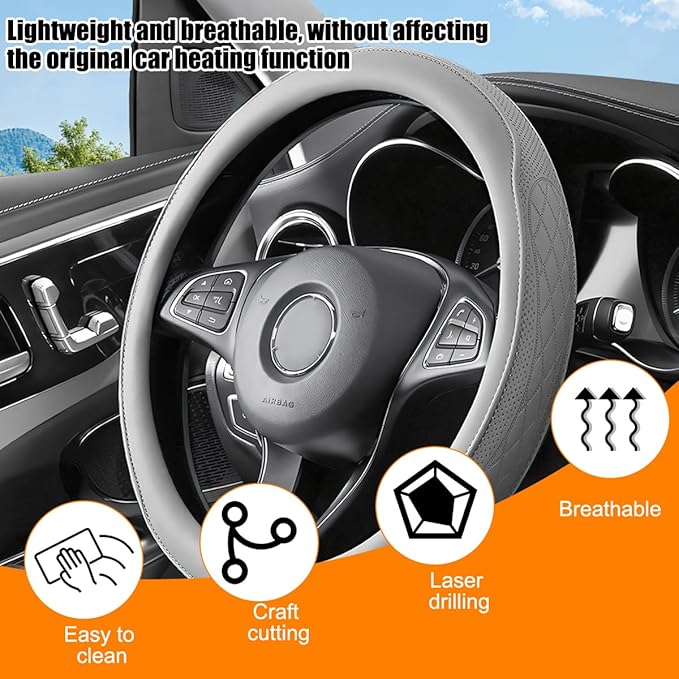 Car Steering Wheel Cover, 14.5-15" Breathable Soft Leather Vehicle Steering Wheel Protector with Anti-Slip Lining, Comfortable Auto Interior Decoration Accessories, Universal Fit (Grey)