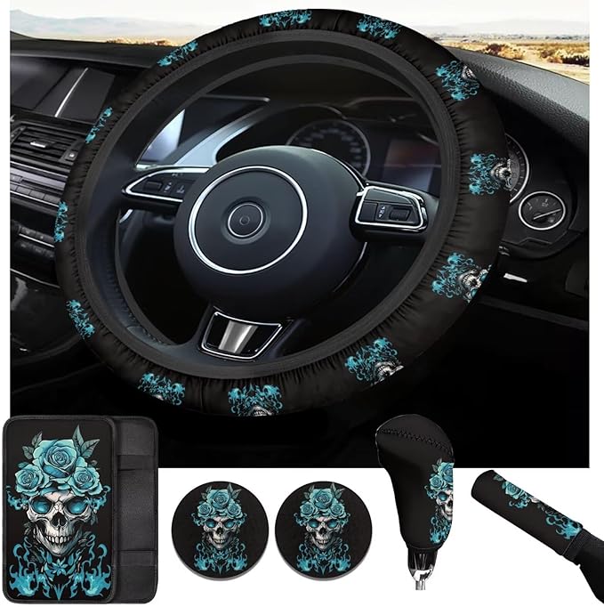 Green Rose Flower Car Accessories 6 Pcs Sets Skull Print Car Steering Wheel Cars Funny Cars Armrest Cover Handbrake Cover Auto Interior Sets