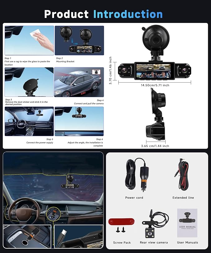 4 Channel 360° Dash Cam Front and Rear Inside Left Right, 3.16 Inch FHD 1080P IPS Dashcam Supports Night Vision, Loop Recording, 24/7 Recording Parking Mode Monitor, Reverse View