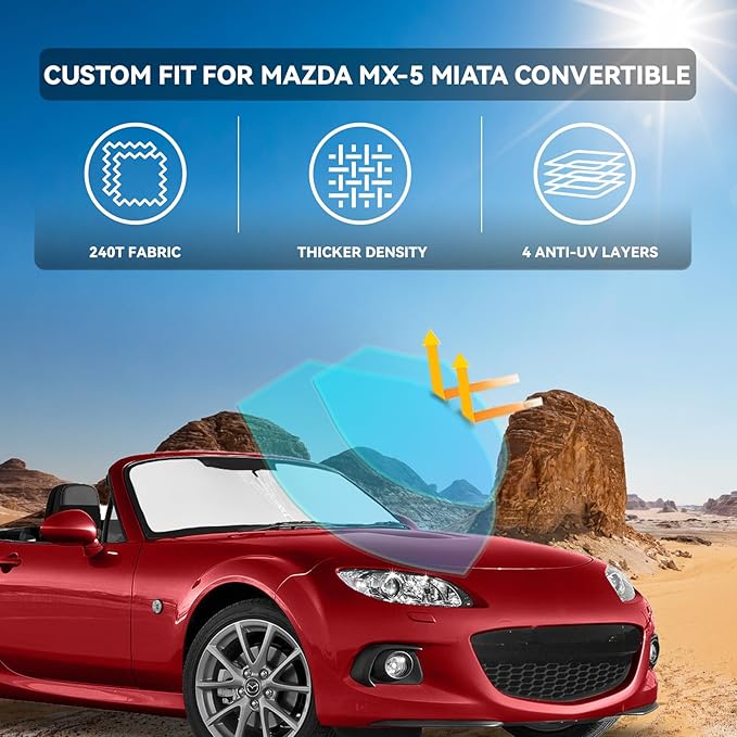 for Mazda MX-5 Miata Convertible 2016-2025 Windshield Sun Shade-4 Layers Car Sunshades for Front Windows Shade Custom Fit MX-5 Sun Visor 250T Retractable Shade Blocks UV Rays Car Accessories