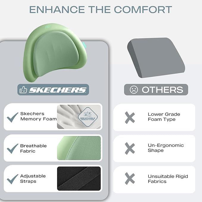 Skechers Lumbar Pillow Premium Memory Foam, Double-Layer-Office Chair Cushion for Tailbone Pain Relief,Butt Pillow for Office Chair,Car seat Cushion,Long Sitting Office Workers,and Car Drivers,Green