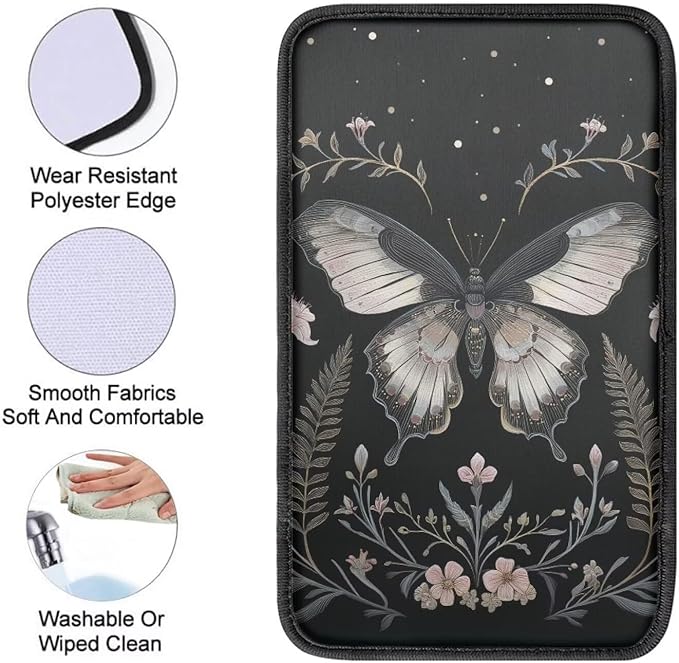 Flower Moth Automotive Center Console Cover Universal Car Armrest Cover Auto Center Console Cushion Protector Floral Moth Car Interior Accessories Decor, Black