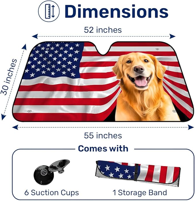 GENANY Golden Flag Windshield Sun Shade for Car SUV Truck (55x30 Inches), Sun Shade Windshield, Shades for Front Windows, Protector Blocks UV, Car Decor