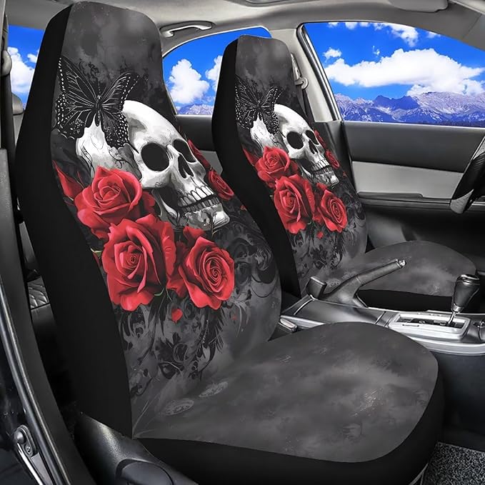 Skull Red Rose Car Seat Covers Set of 2 Breathable Front Seat Covers Stretch Polyester Fabric Cover Soft Front Seat Cover Universal Fit for Auto Truck Van SUV