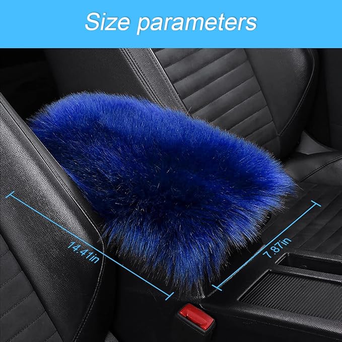 Furry Auto Center Console Cover Pad, 11.8"x7.8" Soft Sheepskin Wool Armrest Cushion, Fluffy Vehicle Armrest Seat Box Protector, Car Interior Accessories for Women Men (Deep Blue)
