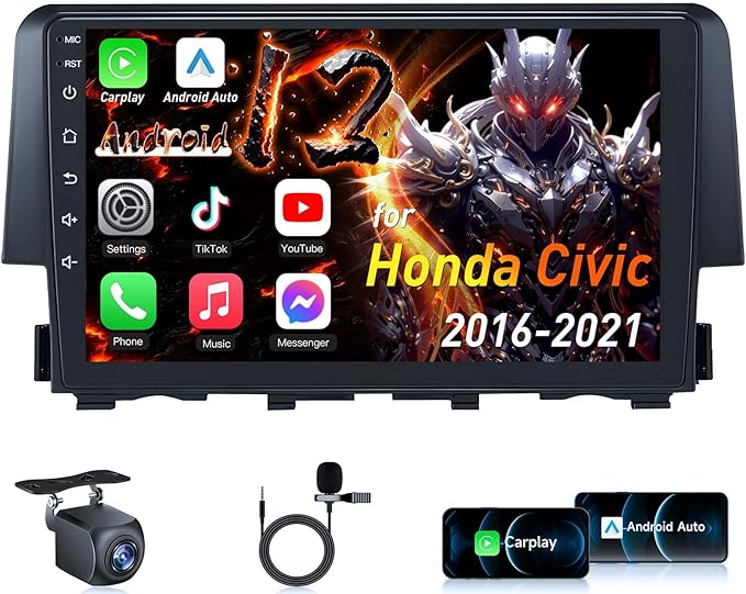 Car Stereo Radio for Honda Civic 2016-2021: 4Core + 64G ROM 9 inch Touch Screen Wireless Carplay/Andriod Auto GPS Bluetooth 5G WiFi Mirror Link Backup Camera MIC