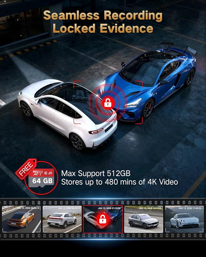 4K Dash Cam Front and Rear Inside, 3-Channel Cars Camera Dash with 170° Wide Angle, Free 64GB SD Card, 5.8GHz WiFi, Night Vision, G-Sensor, Loop Recording, Parking Monitor, USB C, Max 256GB