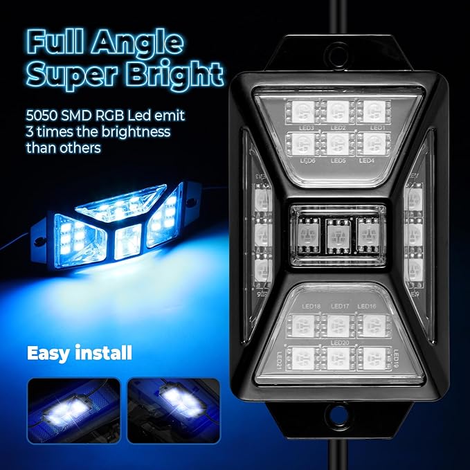 16 Pods Full Angle RGB Rock Lights, App/Remote Control Chasing Led Rock Lights with Music Mode Waterproof Multi-Color, Compatible with 12V Trucks Jeep UTV SUV ATV Off Road Golf Cart(Patented)