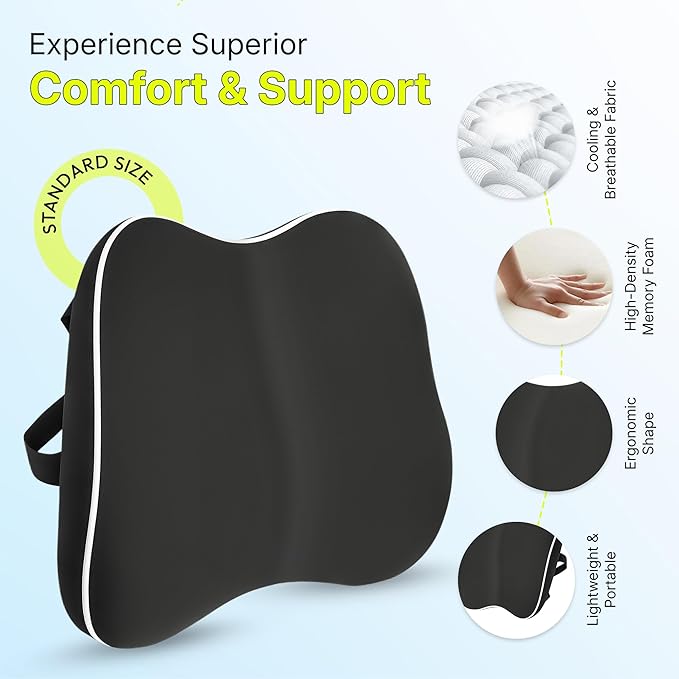 Teemtan Lumbar Support Pillow for Office Chair & Car, Ergonomic High-Density Memory Foam Back Cushion with Cooling Breathable Cover, Adjustable Strap for Lower Back Comfort and Posture, Black