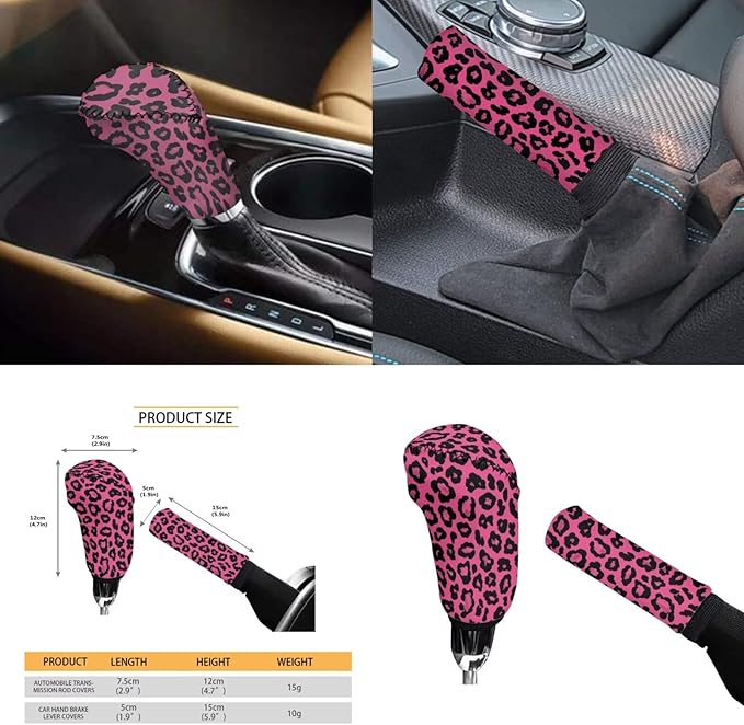 Pink Leopard Print Steering Wheel Covers Set for Women Car Interior Decor Cup Coaster Handbrake Cover Suit for Most Cars Truck Vans SUV-6 Pcs