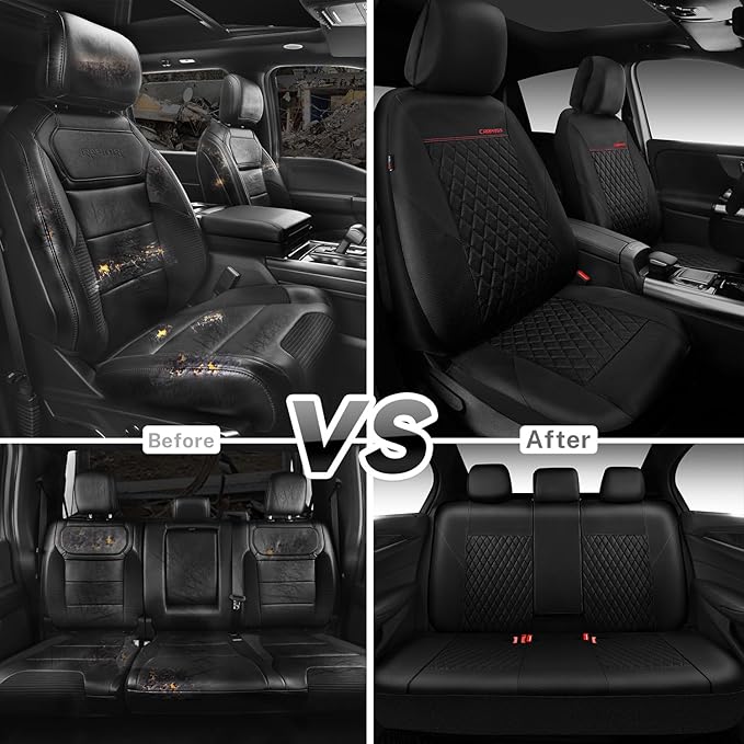 CAR PASS Quilting Faux Leather Seat Covers Full Set, Waterproof Deluxe Premium Seat Cover with 5mm Composite Sponge Inside, Airbag Compatible Auto Seat Cover Universal Fit for 95% Sedan SUV Van, Black