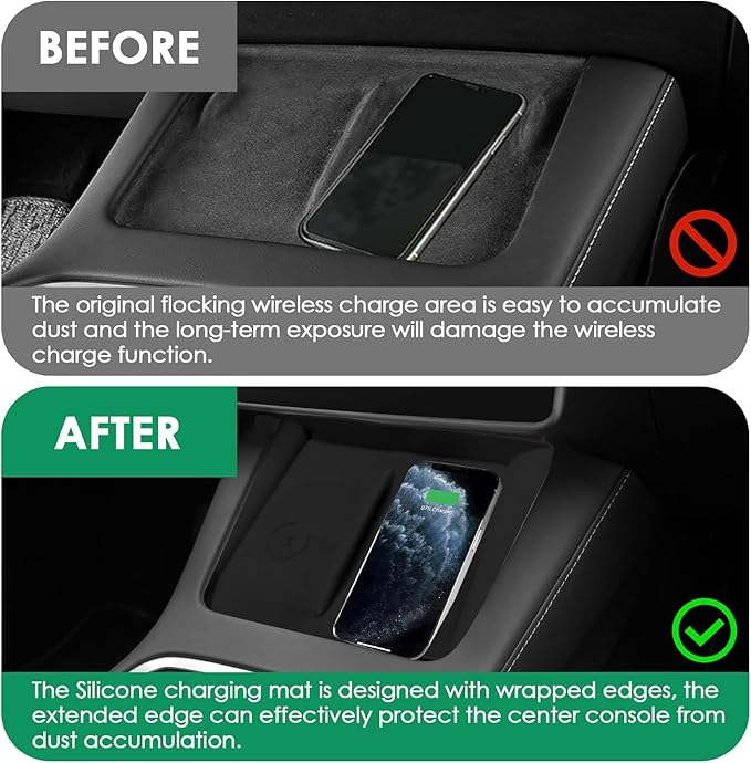 Center Console Wireless Charging Silicone Mat Compatible with Tesla Model 3 2024 Accessories Waterproof Cover Interior Pad Non-Slip Mats Phone Tray Upgrade Protector Mats (Black)